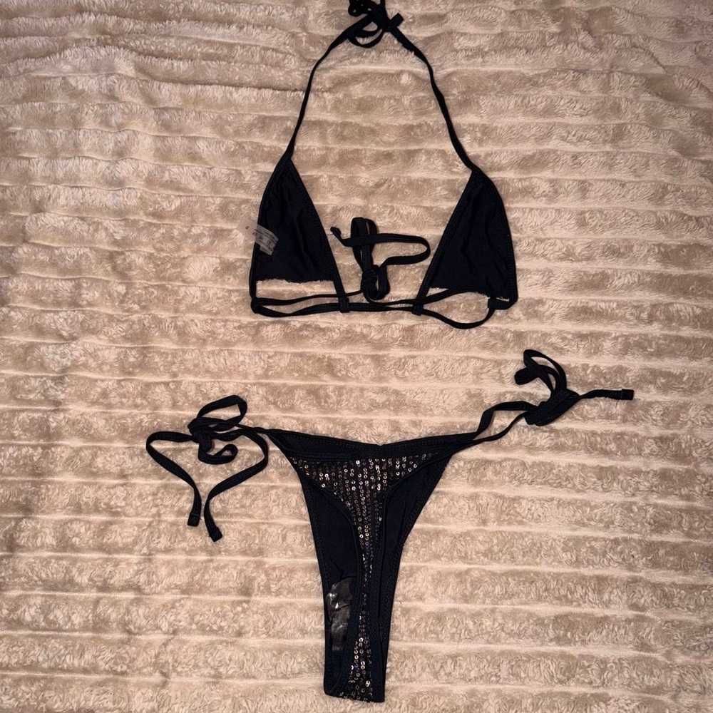 Black Sequin Triangle String Bikini (Set 1) - image 2